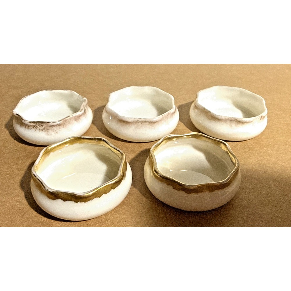 Vintage Belleek Open Salt Dish 5pc Set White Porcelain Gold Rim Ireland